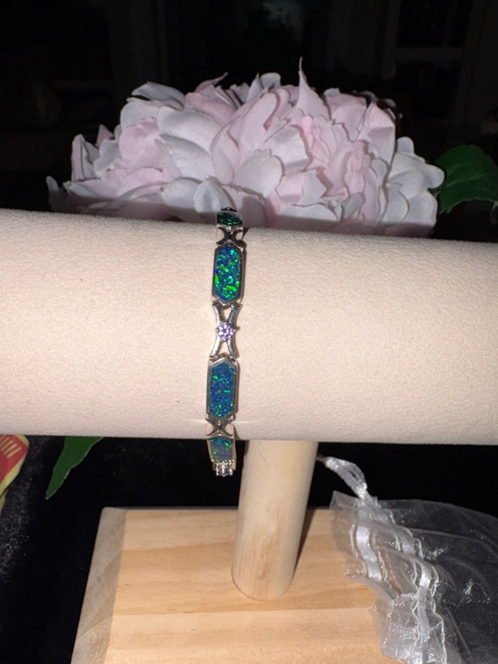Private collection Sterling Silver Green  fire OpalAmethyst Inlay Bracelet 925